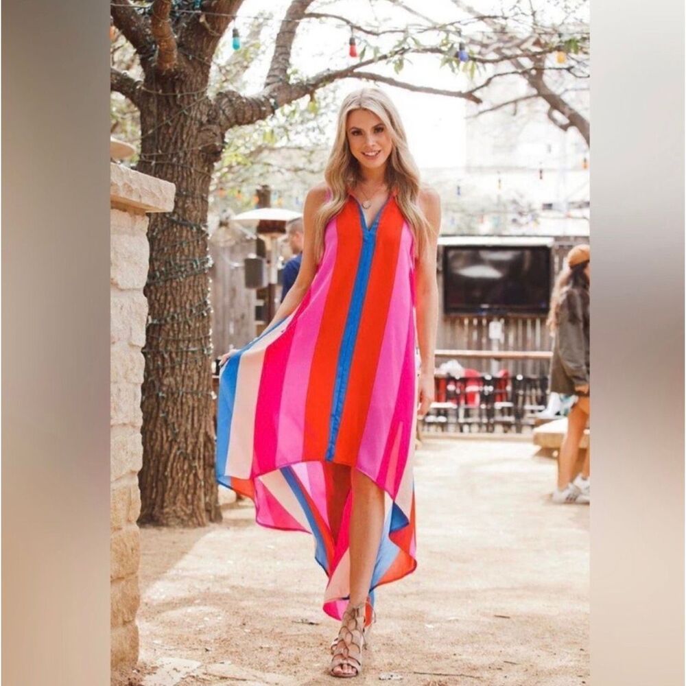 BUDDY LOVE Multicolor‎ Striped Maxi Dress Hi Low Sleeveless Tie Neck MEDIUM